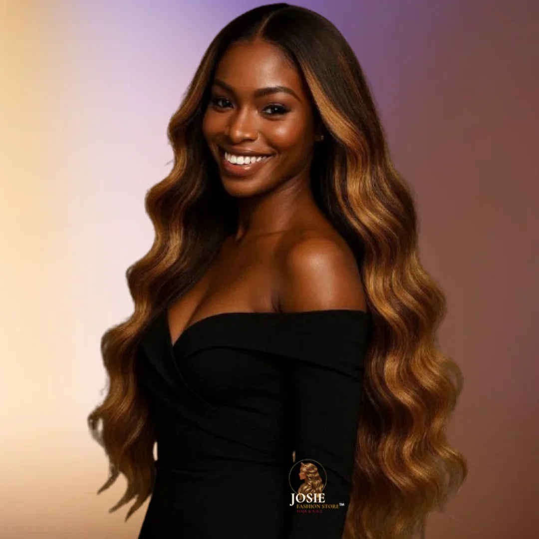 Body wave lace wig 26 inch P4/27 honey brown front view