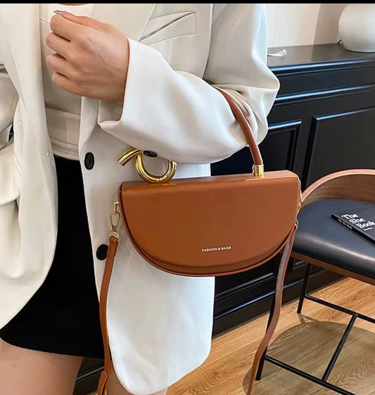 Women's Gold Ring Handle Half-Moon Saddle Bag – Top Handle and Crossbody